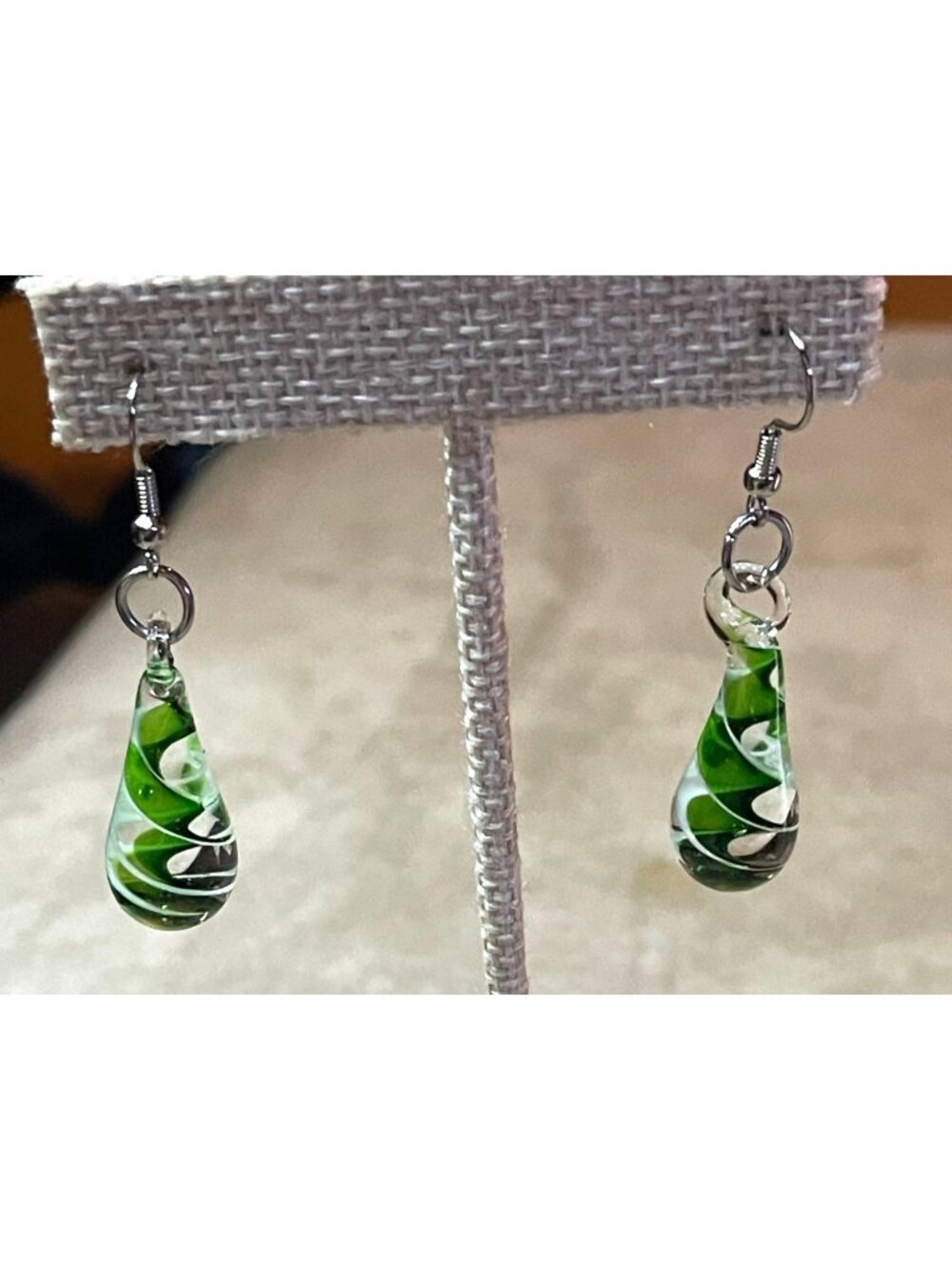 Murano Style Art Glass Teardrop Dangle Earrings Green White Swirl Lampwork Hook